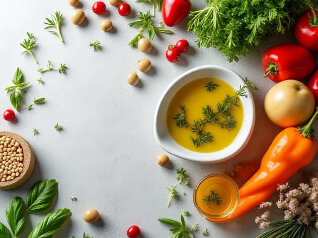 Piatto colorato di cibo mediterraneo fresco, con verdure, olive e erbe aromatiche.