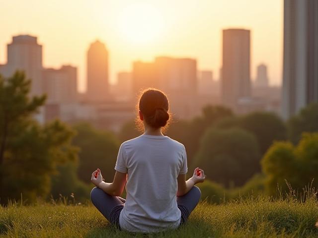 Persona in posizione di meditazione all'aperto, con uno sfondo sfocato di architettura milanese moderna.