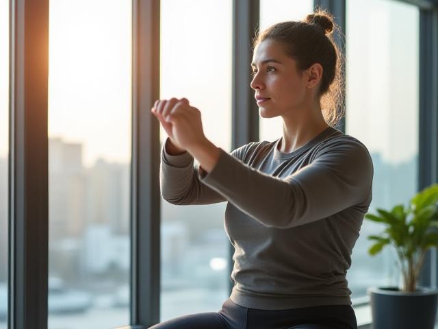 Persona che esegue esercizi leggeri in un ambiente d'ufficio luminoso