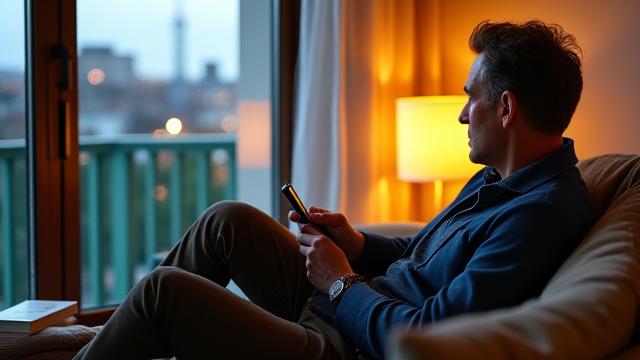 Persona rilassata su un divano, lontano dal telefono, in un appartamento milanese