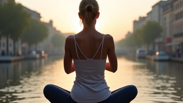 Donna che medita al tramonto sul Naviglio, Milano