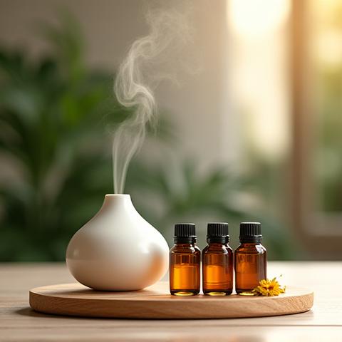 Set di oli essenziali vari con diffusore in un ambiente calmo