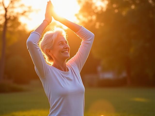 Donna anziana sorridente che fa yoga all'aperto, simbolo di longevità attiva