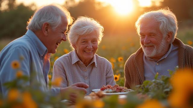 Anziani sereni e attivi in una comunità rurale, simbolo delle Zone Blu