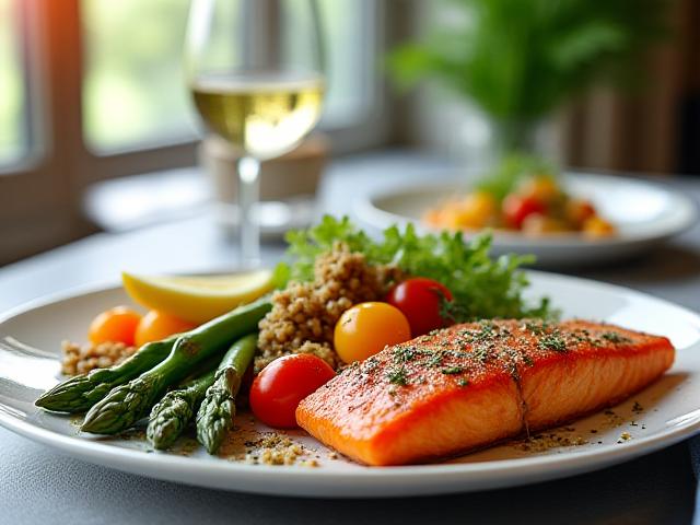Piatto sano e colorato con verdure fresche, salmone e quinoa su un tavolo elegante, che evoca benessere e gusto.