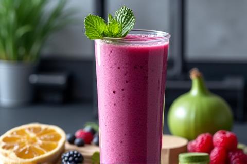 Smoothie proteico colorato con frutta fresca in un bicchiere, ideale post-allenamento.