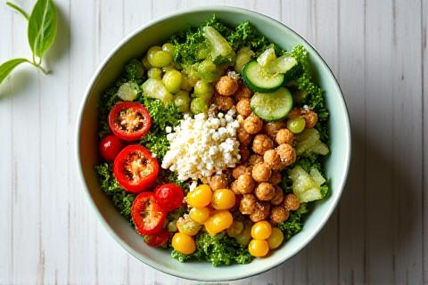 Insalata di quinoa energizzante con verdure colorate e legumi.