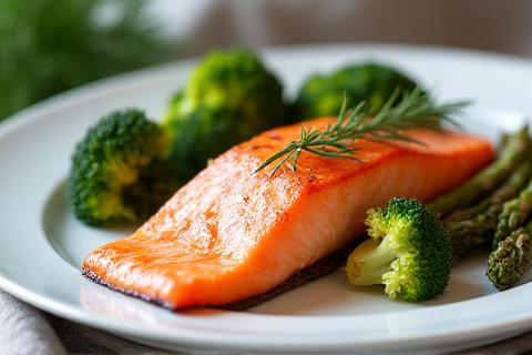 Salmone al forno con broccoli e asparagi, un piatto completo e leggero.