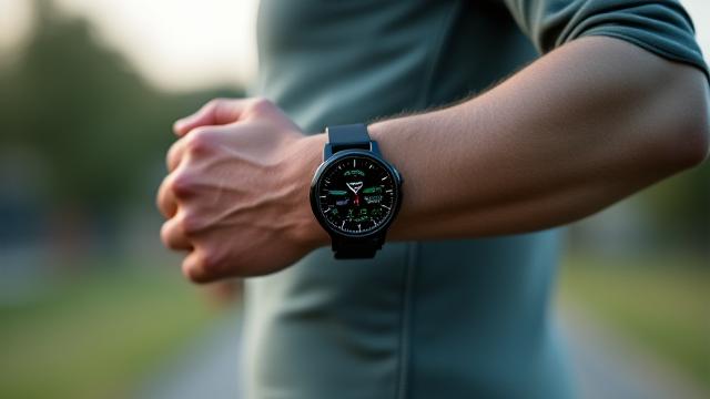Smartwatch al polso di una persona che corre, con schermo luminoso
