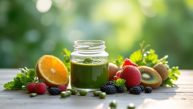 Integratori naturali e frutta su un tavolo di legno