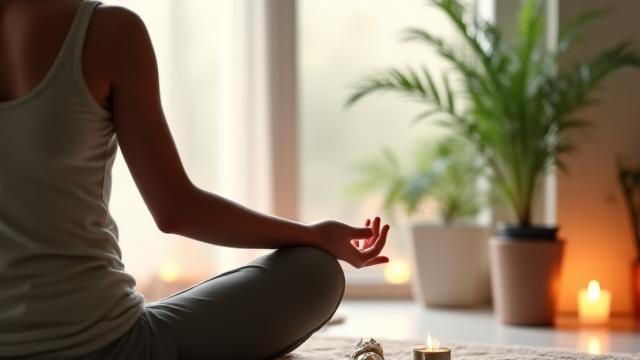 Donna che medita in un ambiente sereno con candele e piante