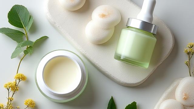 Prodotti per la cura del corpo naturali, come creme e oli essenziali, su un ripiano in legno chiaro