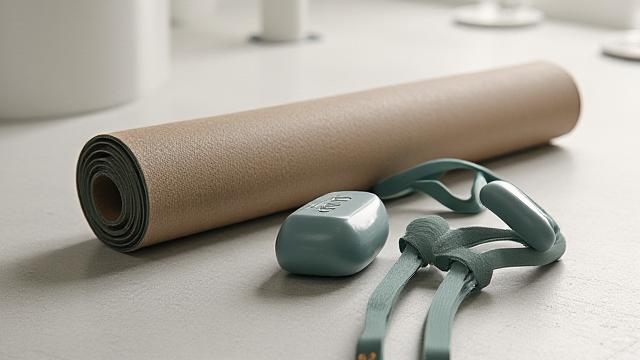 Un tappetino da yoga arrotolato con una fascia elastica e pesi leggeri