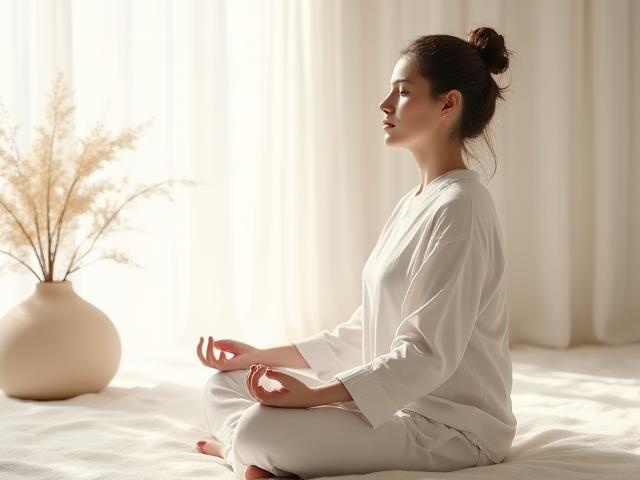 Donna serena che medita in un ambiente naturale e tranquillo con colori tenui