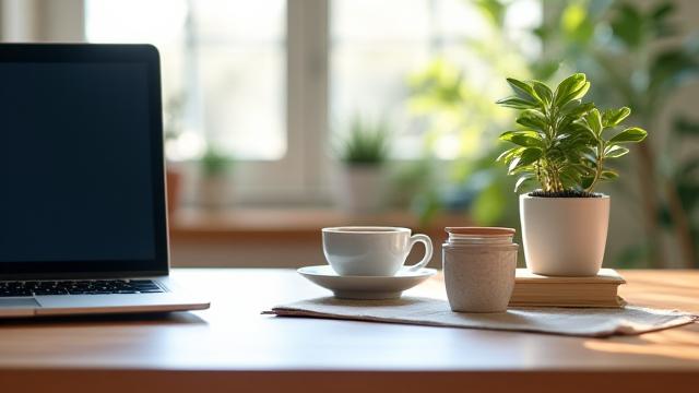 Spazio di lavoro domestico equilibrato, con elementi che suggeriscono relax e produttività