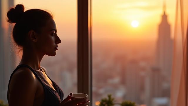 Persona serena che guarda l'alba a Milano, simbolo di una routine mattutina anti-stress